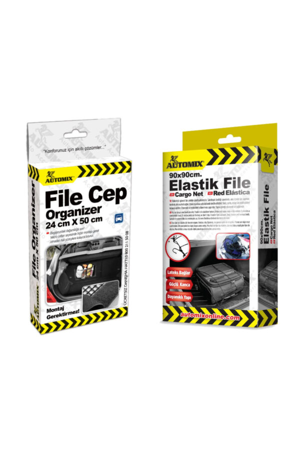 File Cep Organizer + 90x90 cm Elastik Bagaj Filesi | Araç İçi ve Bagaj Düzeni İkili Set
